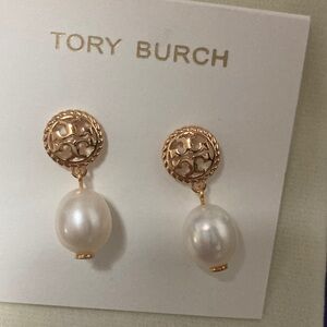 Tory Burch Gold Pearl Drop Logo Earrings